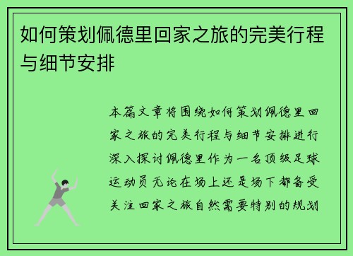 如何策划佩德里回家之旅的完美行程与细节安排
