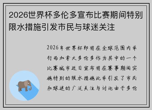 2026世界杯多伦多宣布比赛期间特别限水措施引发市民与球迷关注